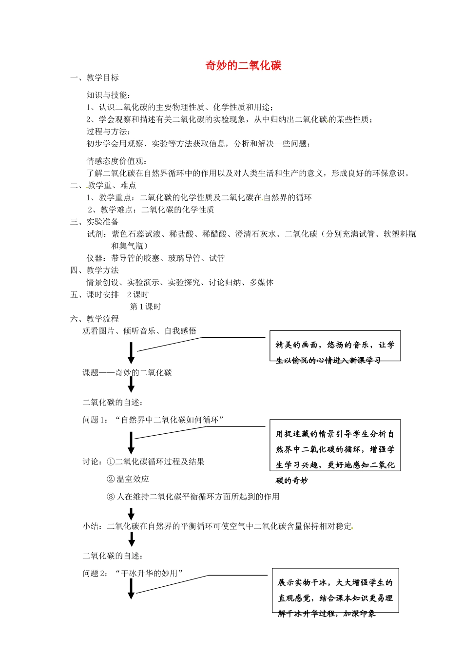 九年级化学全册 2.2 奇妙的二氧化碳教学设计 （新版）沪教版-（新版）沪教版初中九年级全册化学教案_第1页