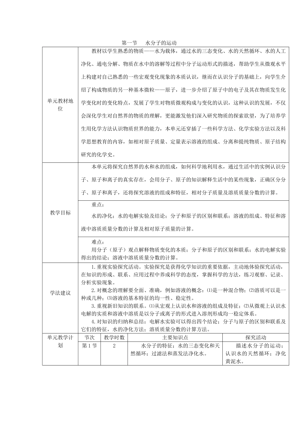 九年级化学全册 第二单元《探秘水世界》第一节 水分子的运动（第1课时）教案 鲁教版_第1页