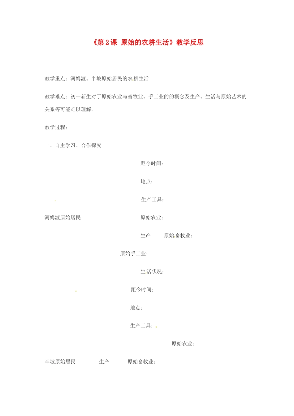 新疆克拉玛依市第十三中学七年级历史上册《第2课 原始的农耕生活》教学反思 新人教版_第1页