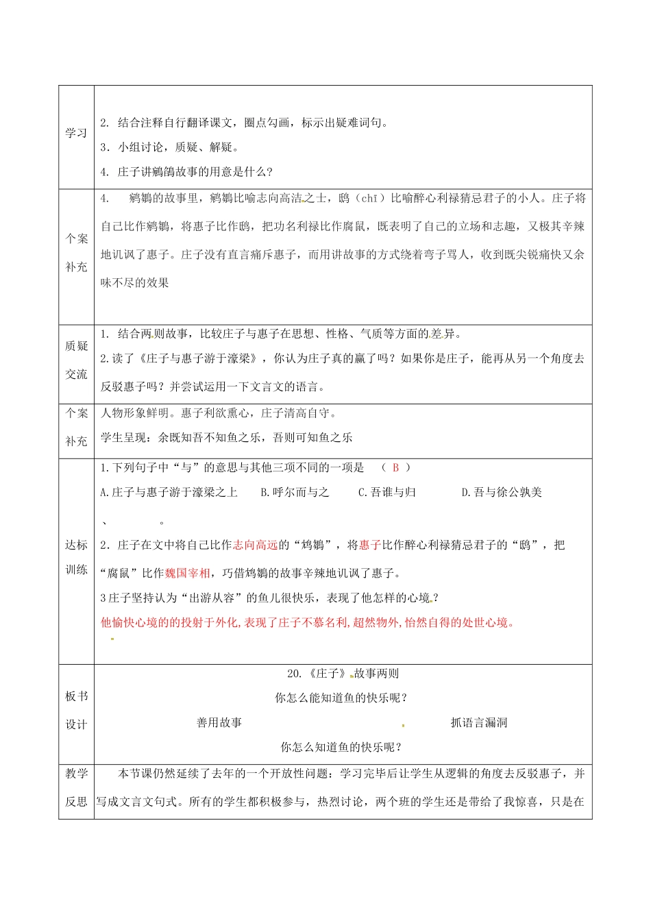 天津市滨海新区九年级语文下册 第五单元 20《庄子》故事两则导学案 （新版）新人教版-（新版）新人教版初中九年级下册语文学案_第2页