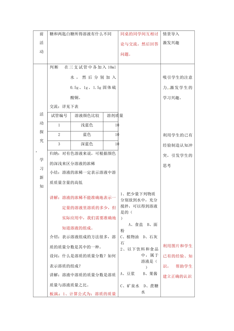 山东省莱州市沙河镇九年级化学全册 第一单元 溶液 第二节 溶液组成的定量表示教案 鲁教版五四制-鲁教版五四制初中九年级全册化学教案_第2页