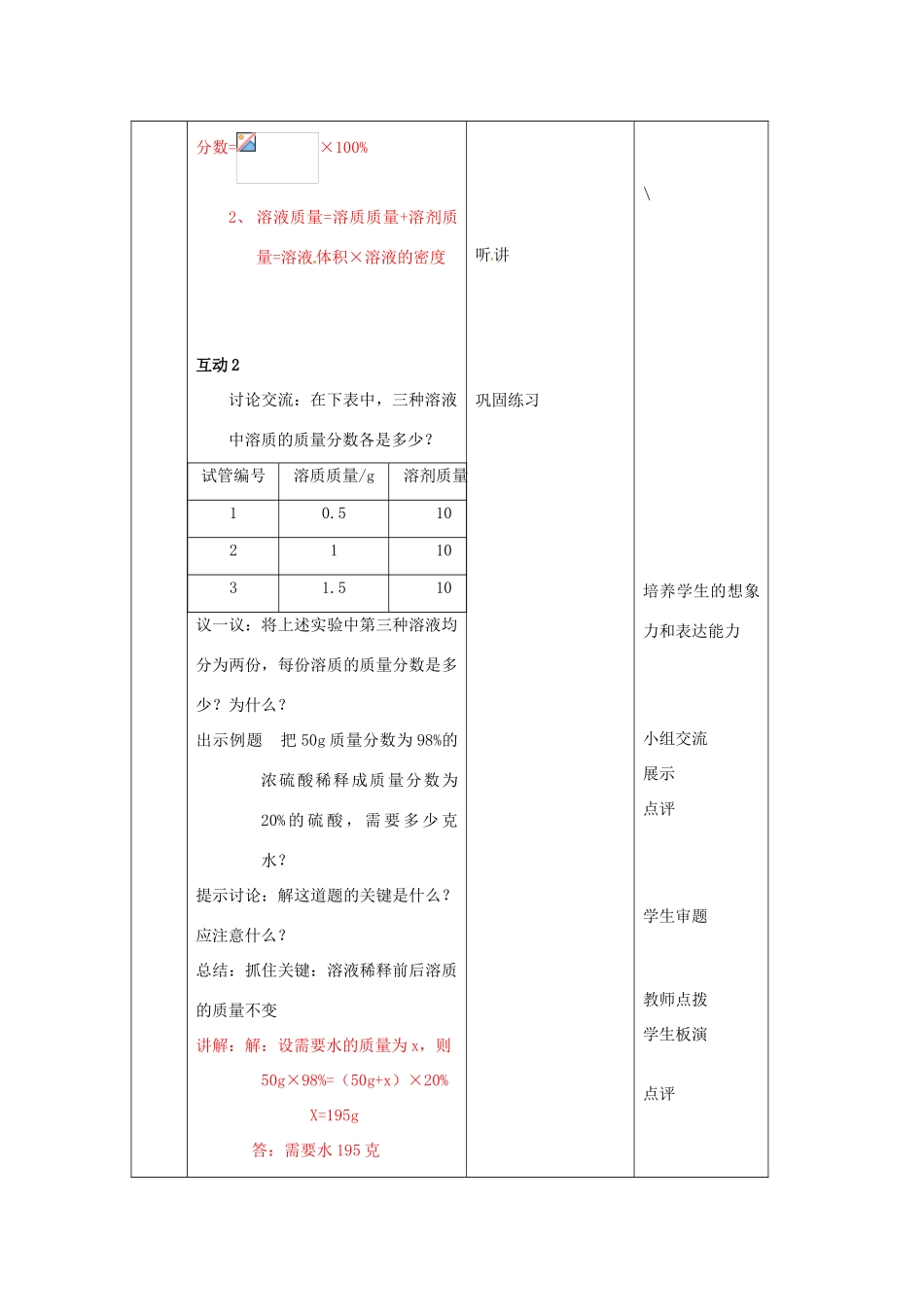 山东省莱州市沙河镇九年级化学全册 第一单元 溶液 第二节 溶液组成的定量表示教案 鲁教版五四制-鲁教版五四制初中九年级全册化学教案_第3页