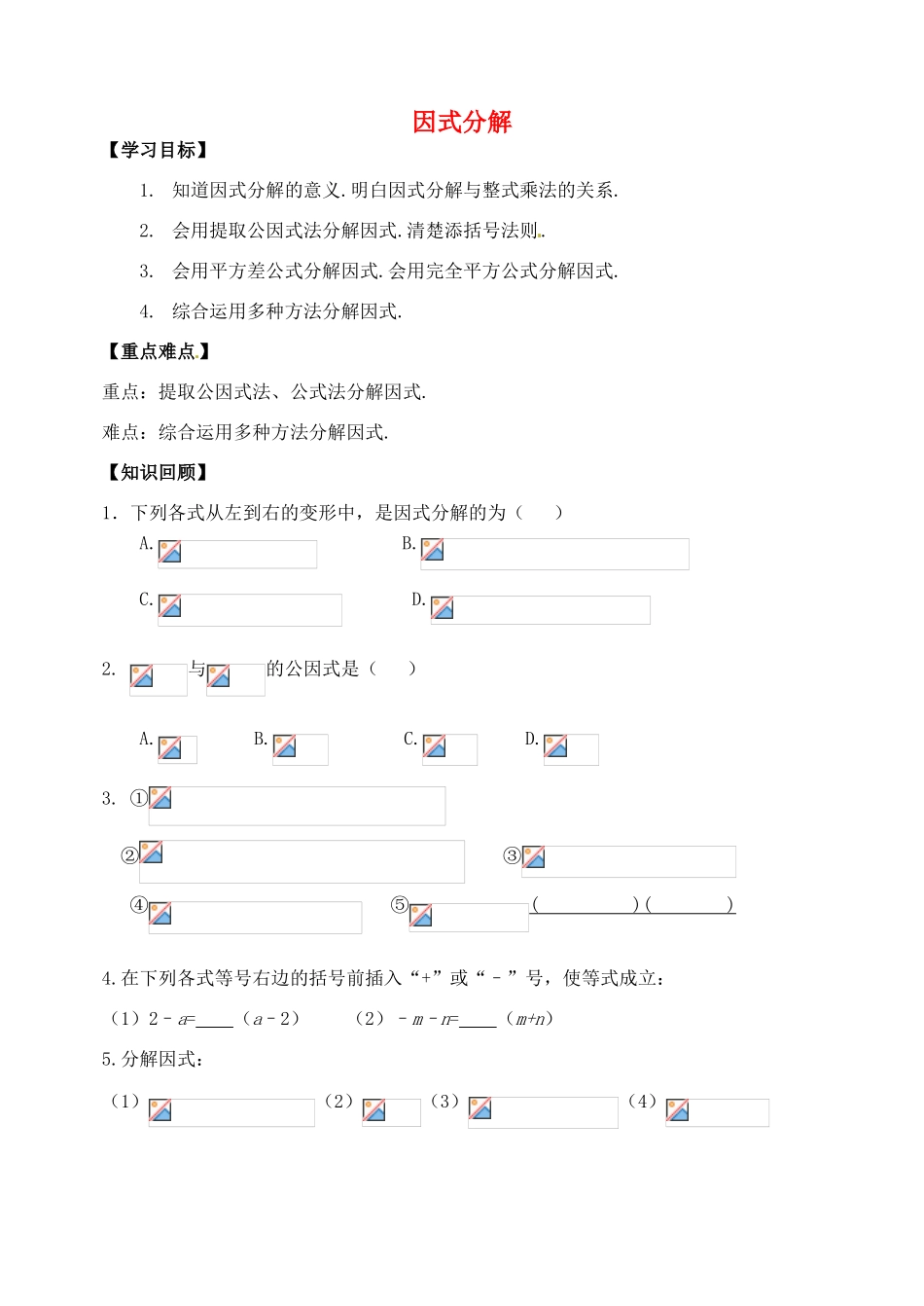 山东省郯城县红花镇中考数学专题复习 专题一 数与式（6）因式分解学案-人教版初中九年级全册数学学案_第1页