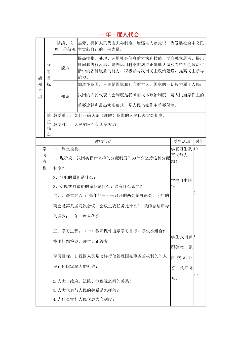 山东省邹平县实验中学九年级政治全册 第5课 第1框 一年一度人代会教学案 鲁教版_第1页