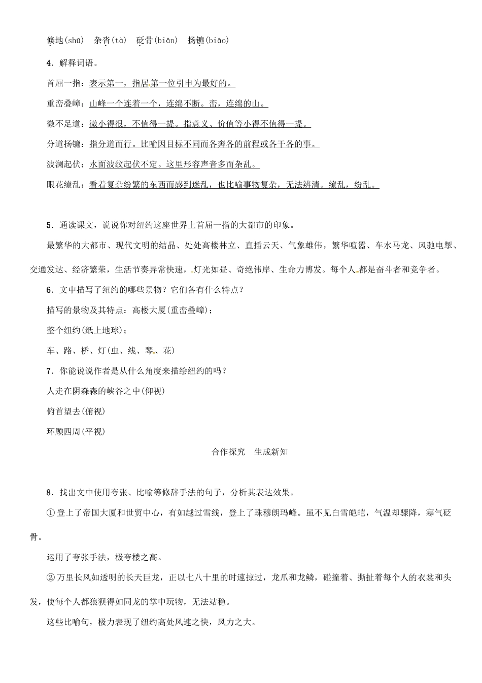 秋八年级语文上册 第一单元 4《走进纽约》导学案 （新版）语文版-（新版）语文版初中八年级上册语文学案_第2页