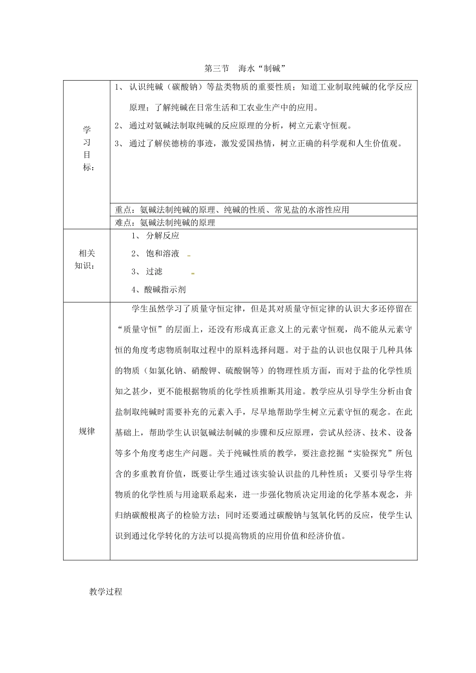 山东省莱州市沙河镇九年级化学全册 第三单元 海水中的化学 第三节 海水“制碱”教案2 鲁教版五四制-鲁教版五四制初中九年级全册化学教案_第2页