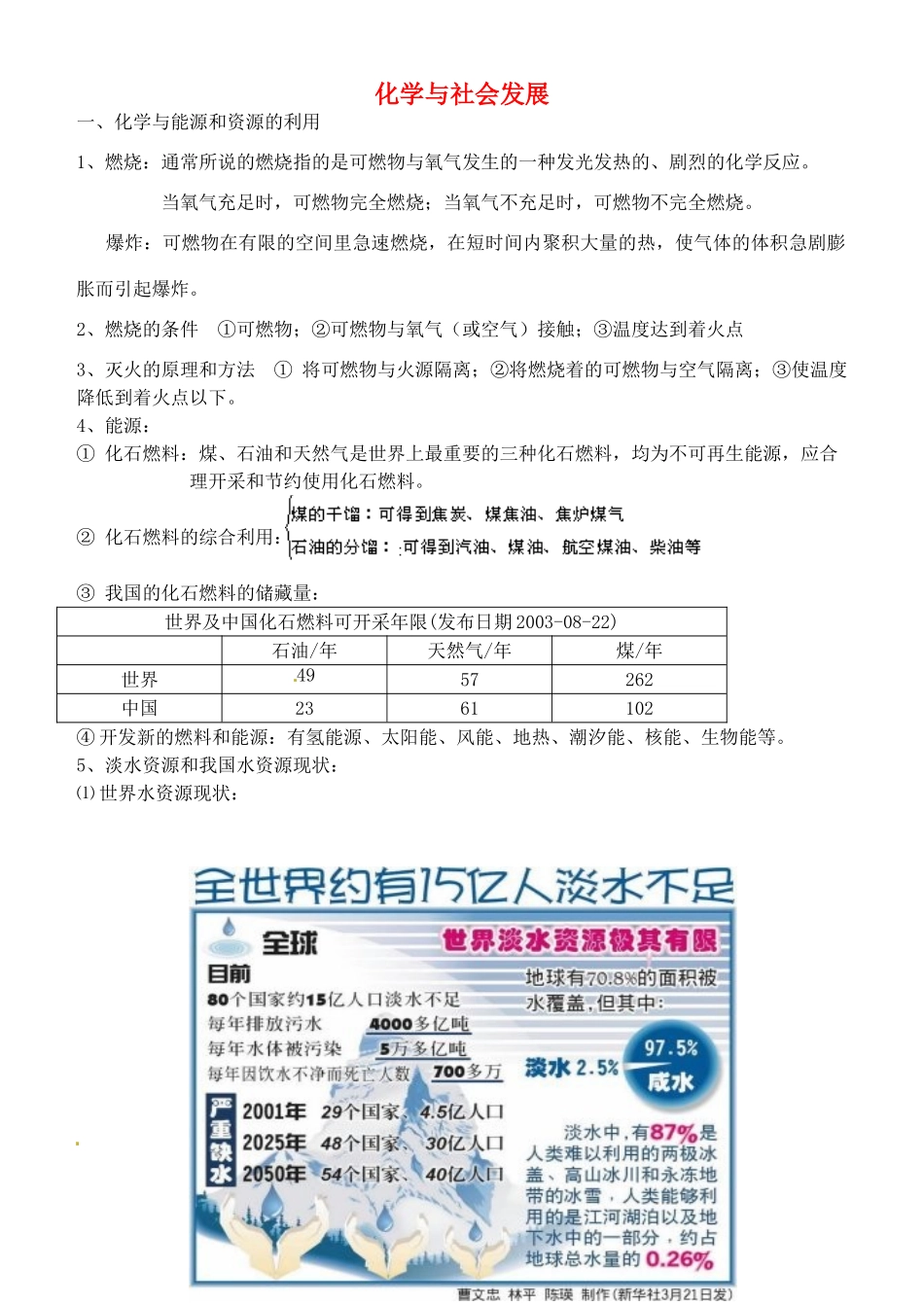 九年级化学下册 第九章 化学与社会发展教案 （新版）沪教版_第1页