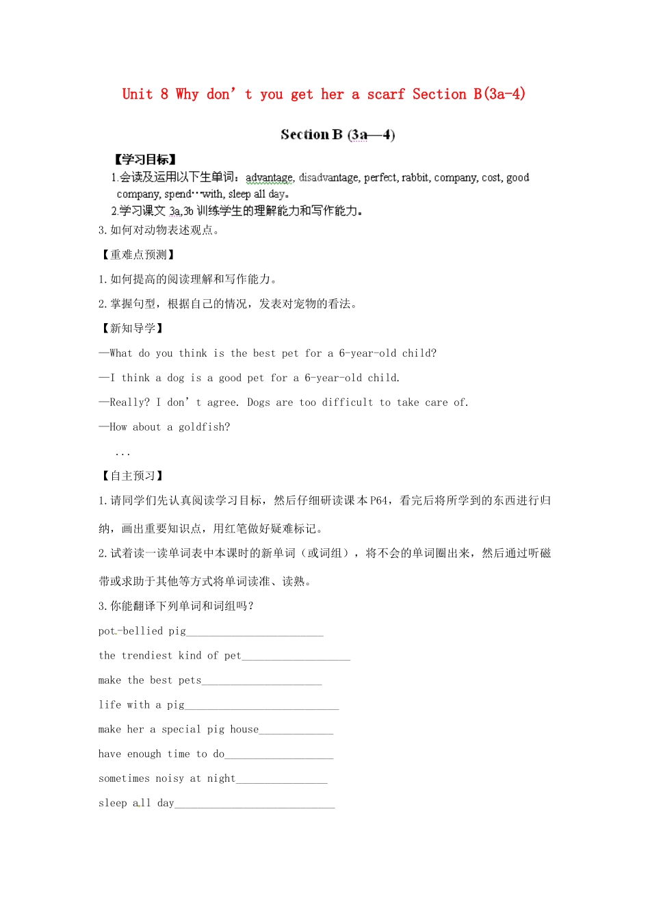 江西省金溪县第二中学八年级英语下册 Unit 8 Why don’t you get her a scarf Section B(3a-4)导学案 人教新目标版_第1页
