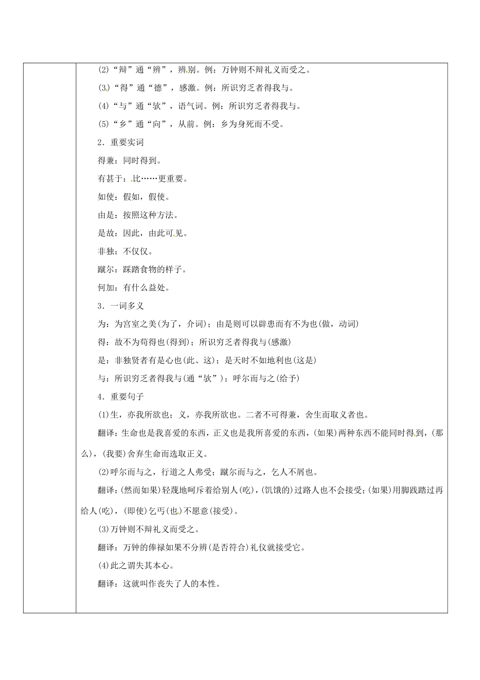 陕西省山阳县九年级语文下册 第18课 鱼我所欲也学案1 新人教版-新人教版初中九年级下册语文学案_第2页
