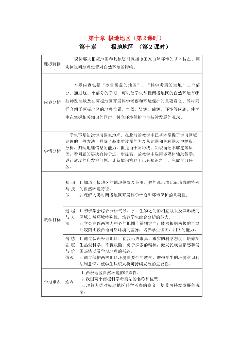 江苏省盐城市盐都县郭猛中学七年级地理下册 第十章 极地地区（第2课时）教学设计 （新版）新人教版_第1页