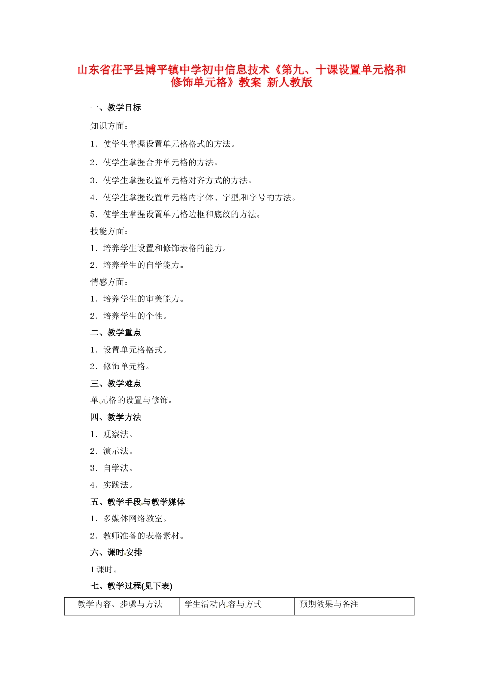 山东省茌平县博平镇中学初中信息技术《第九、十课设置单元格和修饰单元格》教案 新人教版_第1页