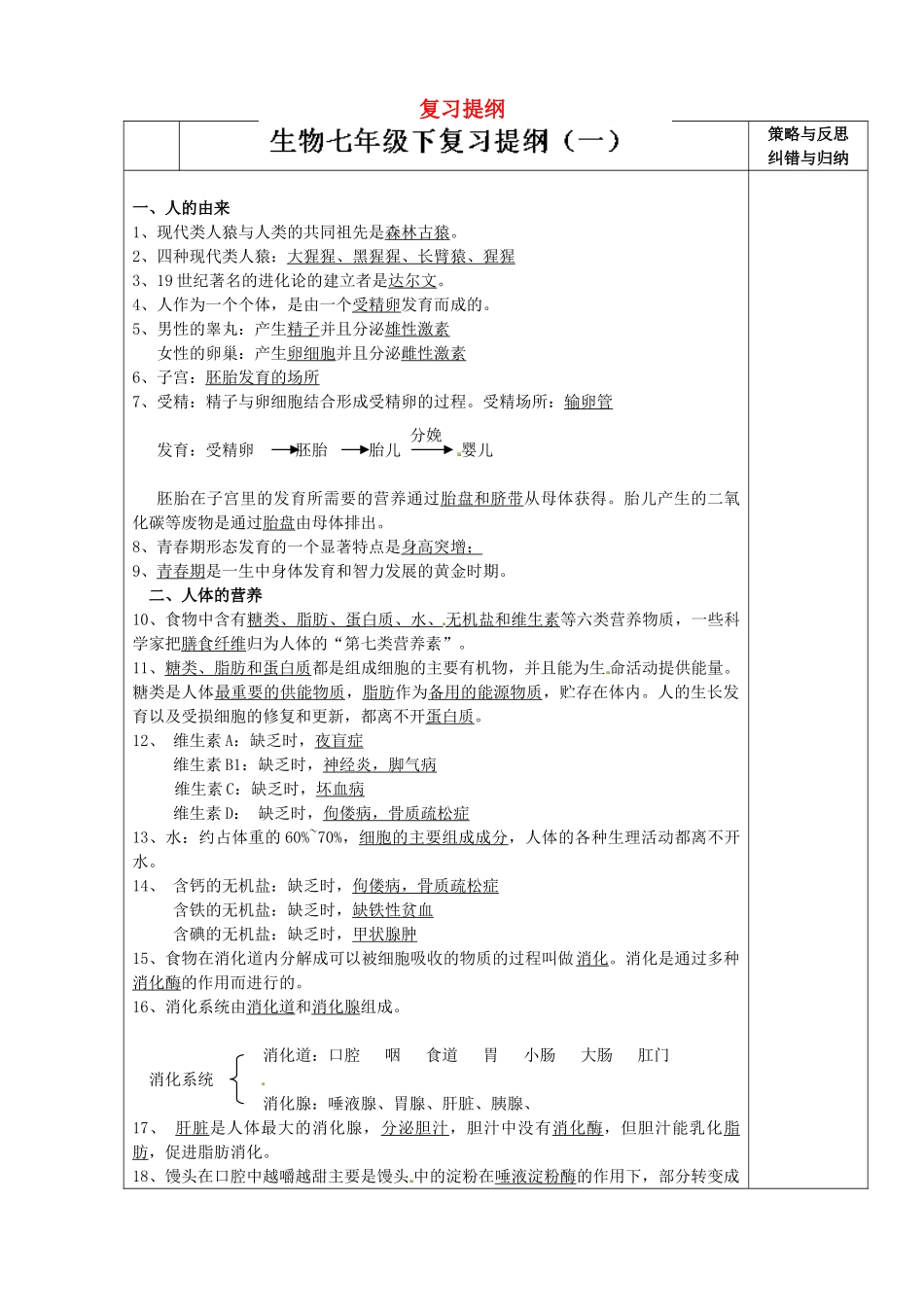 陕西省西安市庆安高级中学七年级生物下册 复习提纲导学案1 新人教版_第1页