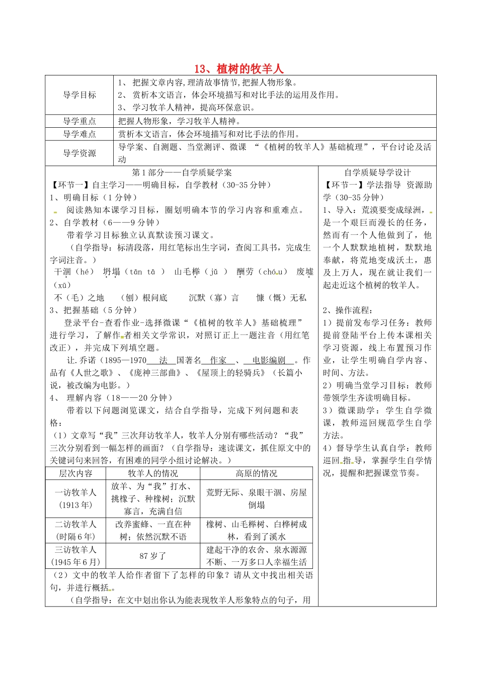 湖北省天门市七年级语文上册 第13课 植树的牧羊人导学设计1 新人教版-新人教版初中七年级上册语文学案_第1页