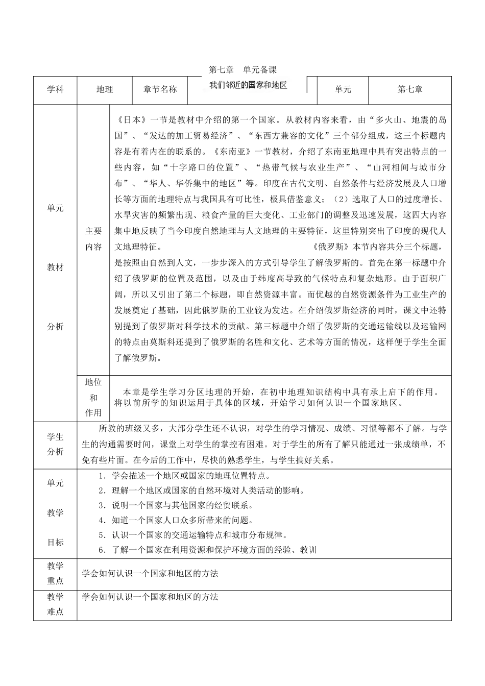 山东省临淄外国语实验学校七年级地理上册 第七章 单元备课教案 新人教版_第1页