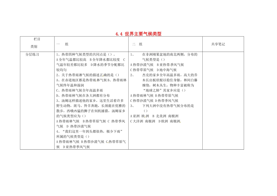 山东省安丘市东埠中学七年级地理上册 4.4 世界主要气候类型练习1 湘教版_第1页