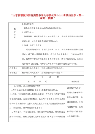 山东省聊城市阳谷实验中学九年级化学 1-1-1奇妙的化学（第一课时）教案 