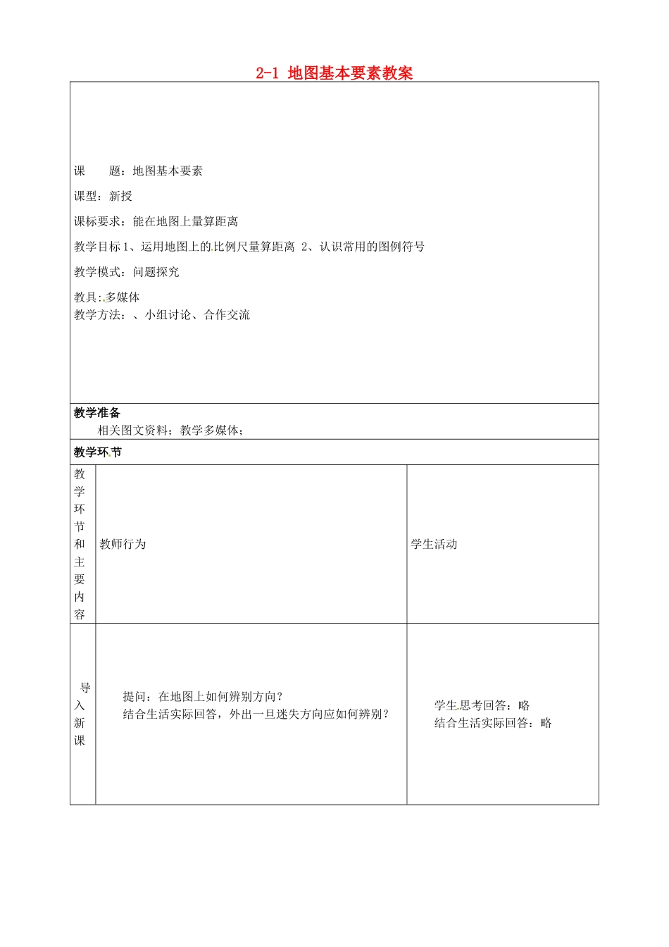 山东省枣庄市峄城区吴林街道中学七年级地理上册 2-1 地图的基本要素教案 商务星球版_第1页