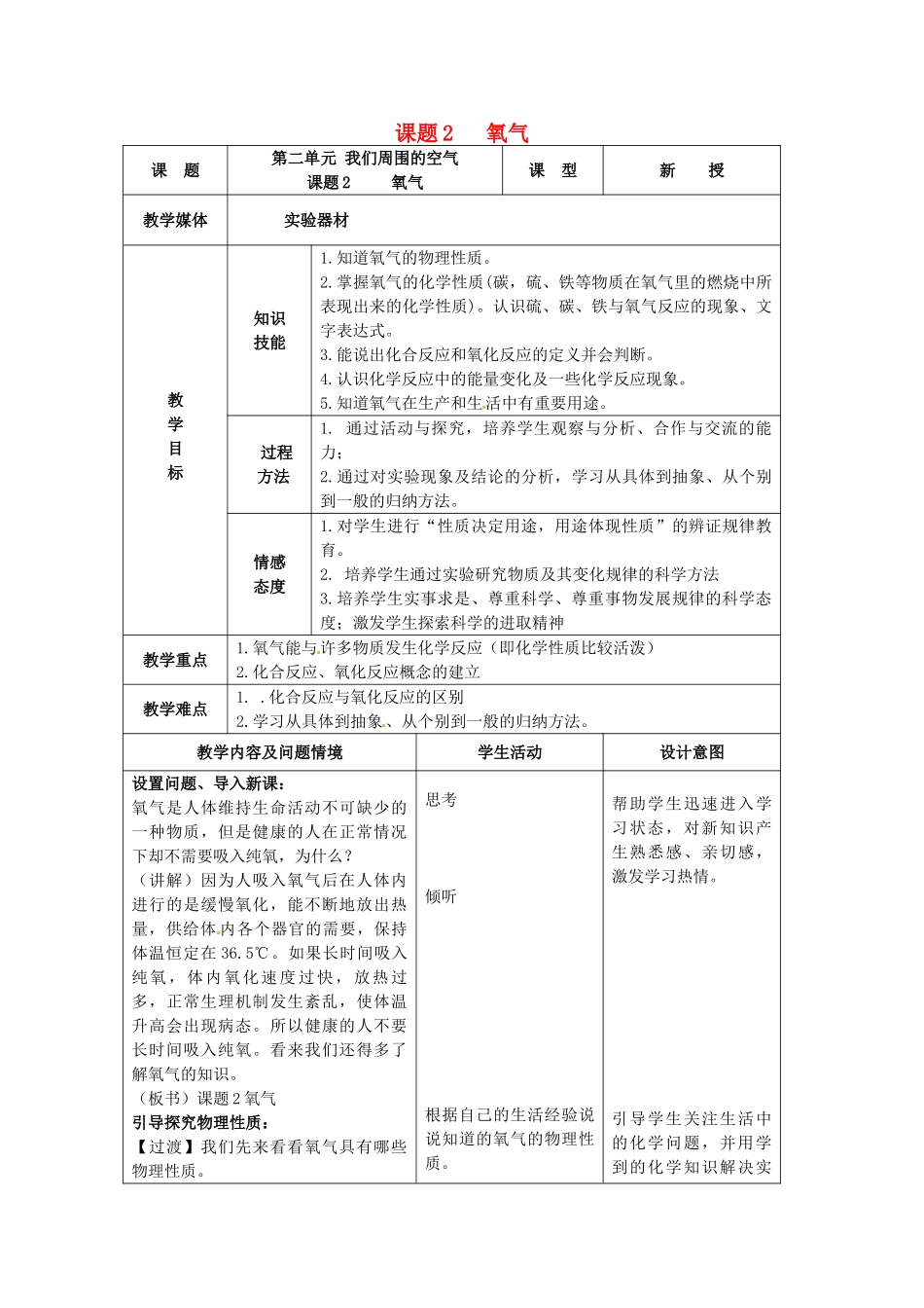 辽宁省开原市第五中学九年级化学上册 第二单元 我们周围的空气 课题2 氧气教案 （新版）新人教版_第1页