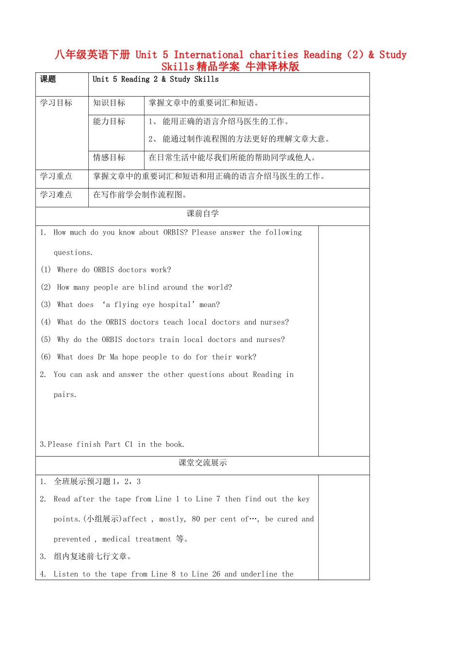 八年级英语下册 Unit 5 International charities Reading（2）& Study Skills精品学案 牛津译林版_第1页