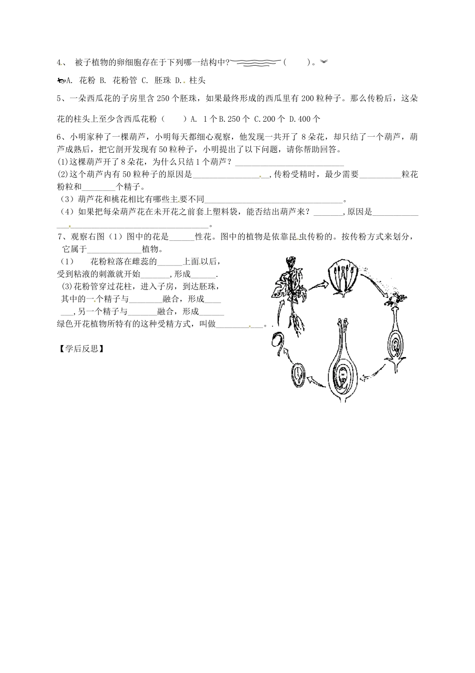 山东省东营市第二中学八年级生物 《1.2传粉与受精》（第二课时）学案（无答案）_第2页