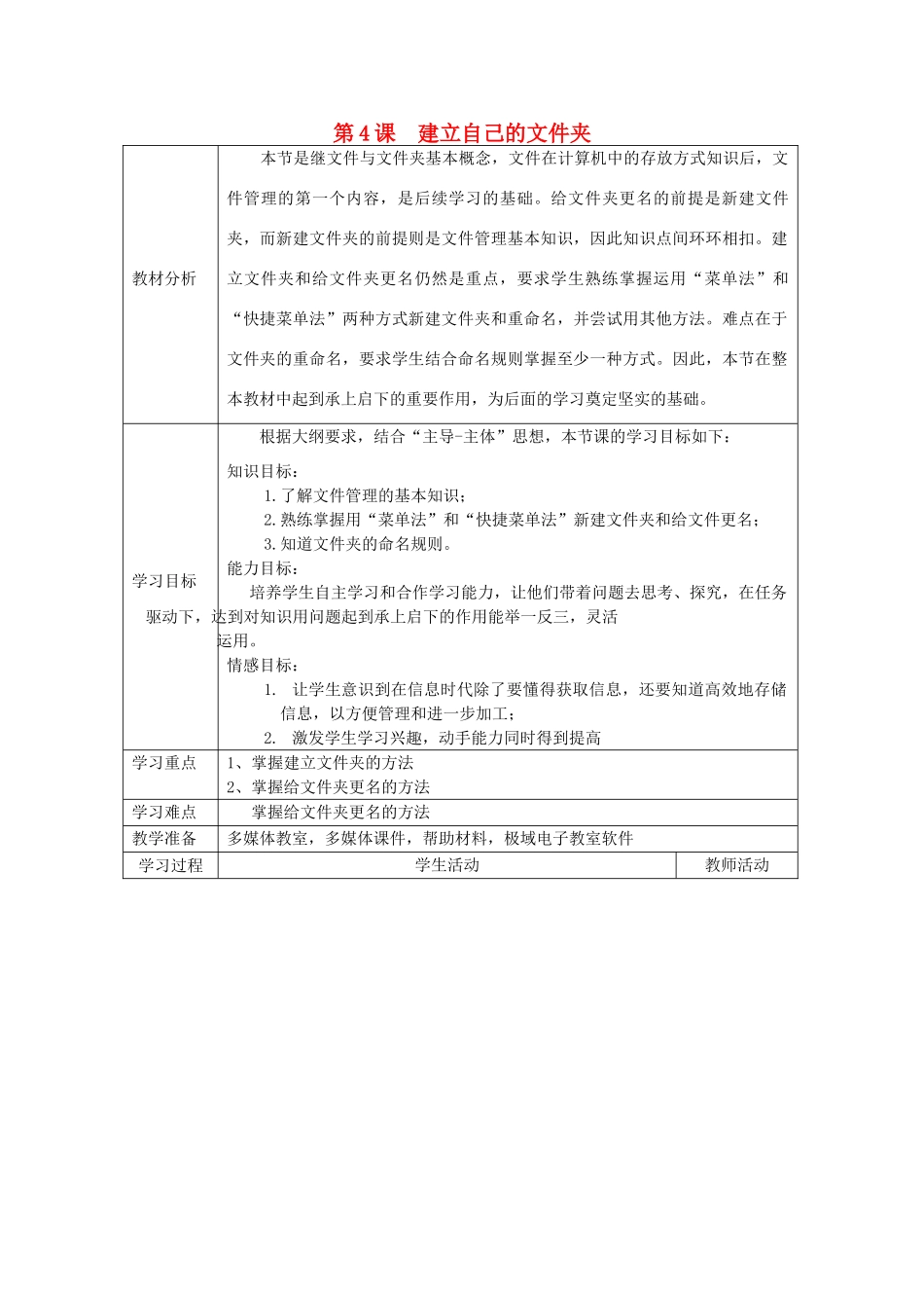 四川省七年级信息技术下册 第4课《建立自己的文件夹》教学案 新人教版_第1页