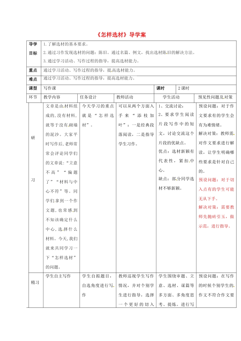 （秋季版）吉林省通化市七年级语文下册 第四单元 作文指导《怎样选材》导学案1 新人教版-新人教版初中七年级下册语文学案_第1页