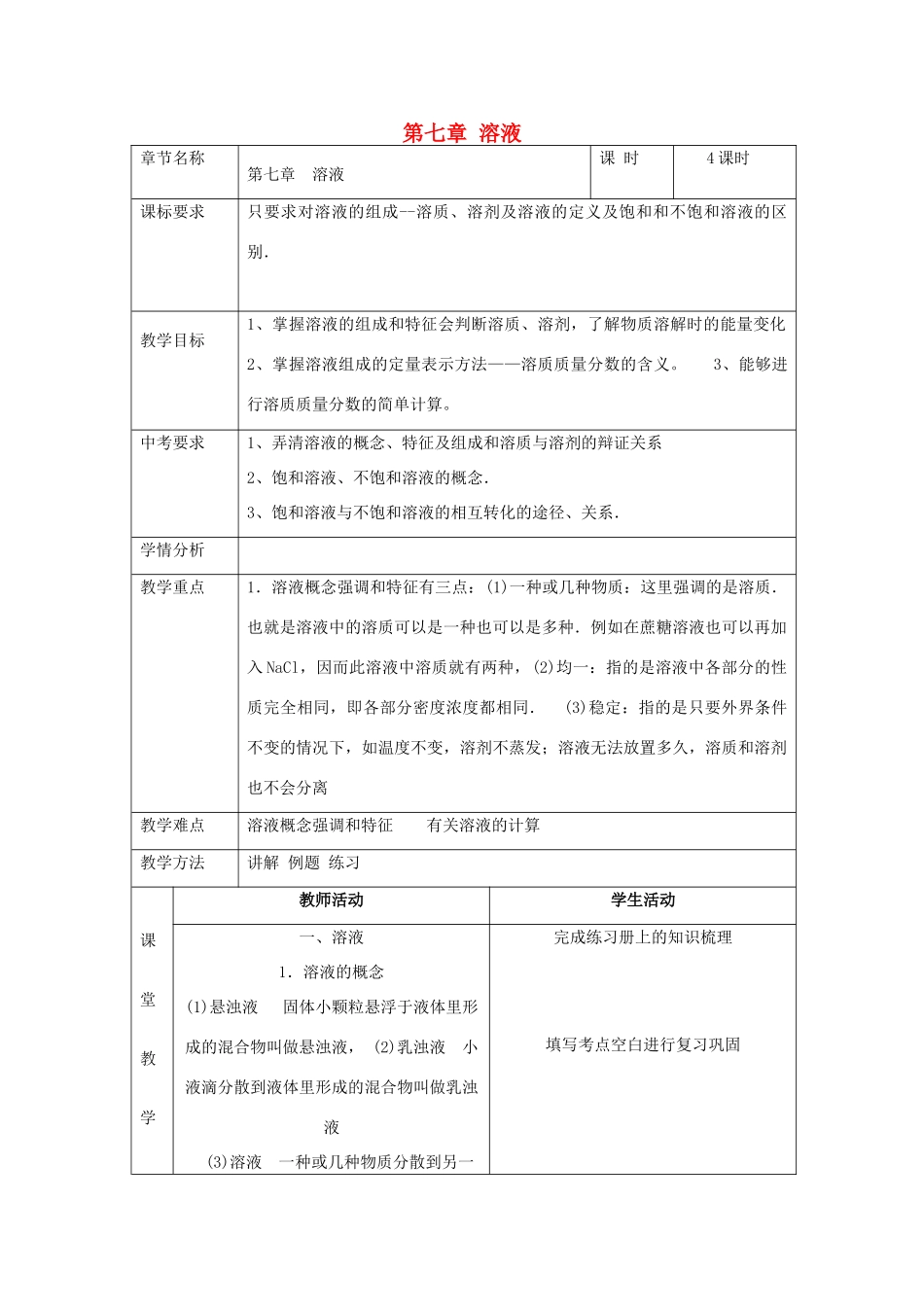 内蒙古牙克石市中考化学 第七章 溶液复习教案-人教版初中九年级全册化学教案_第1页