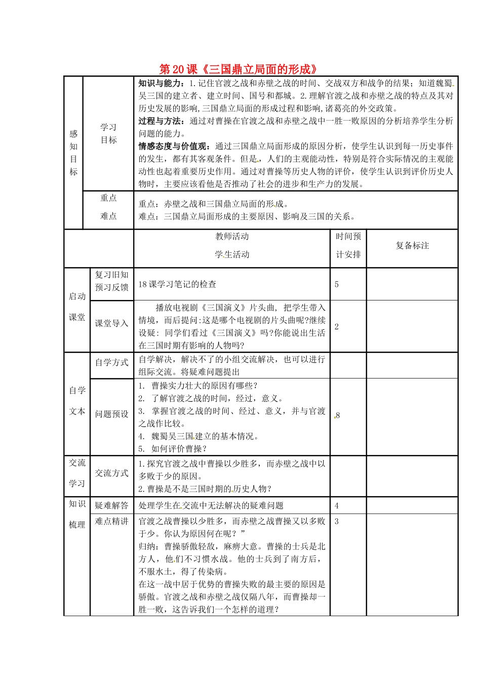 山东省滨州市邹平县实验中学七年级历史上册 第20课《三国鼎立局面的形成》教案 北师大版_第1页