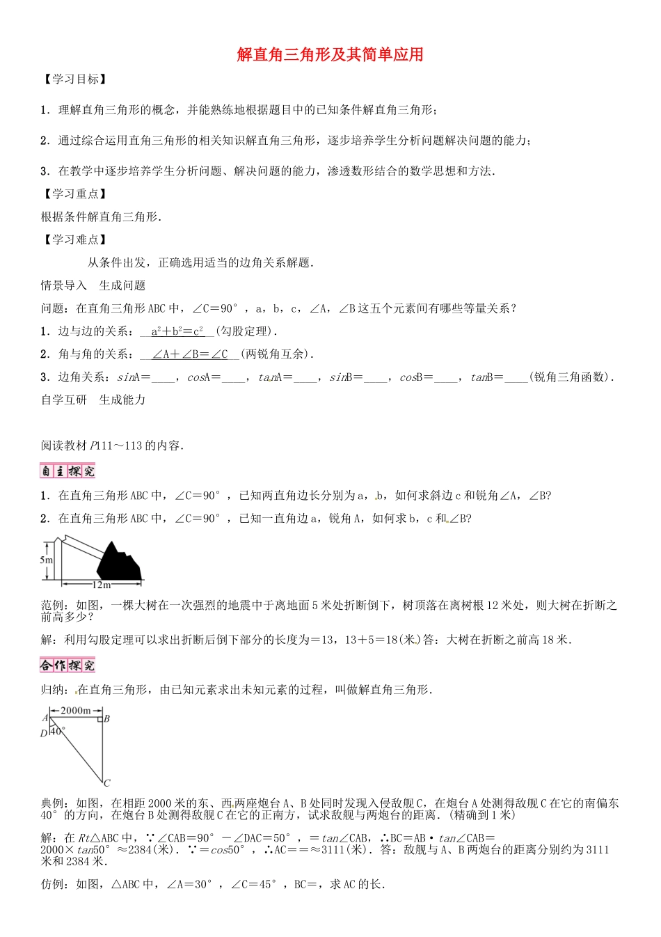 秋九年级数学上册 第24章 解直角三角形 解直角三角形及其简单应用导学案 （新版）华东师大版-（新版）华东师大版初中九年级上册数学学案_第1页