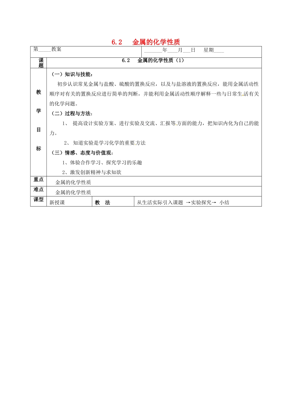 内蒙古鄂尔多斯市东胜区九年级化学下册 第六章 金属 6.2 金属的化学性质（1）教案 （新版）粤教版-（新版）粤教版初中九年级下册化学教案_第1页