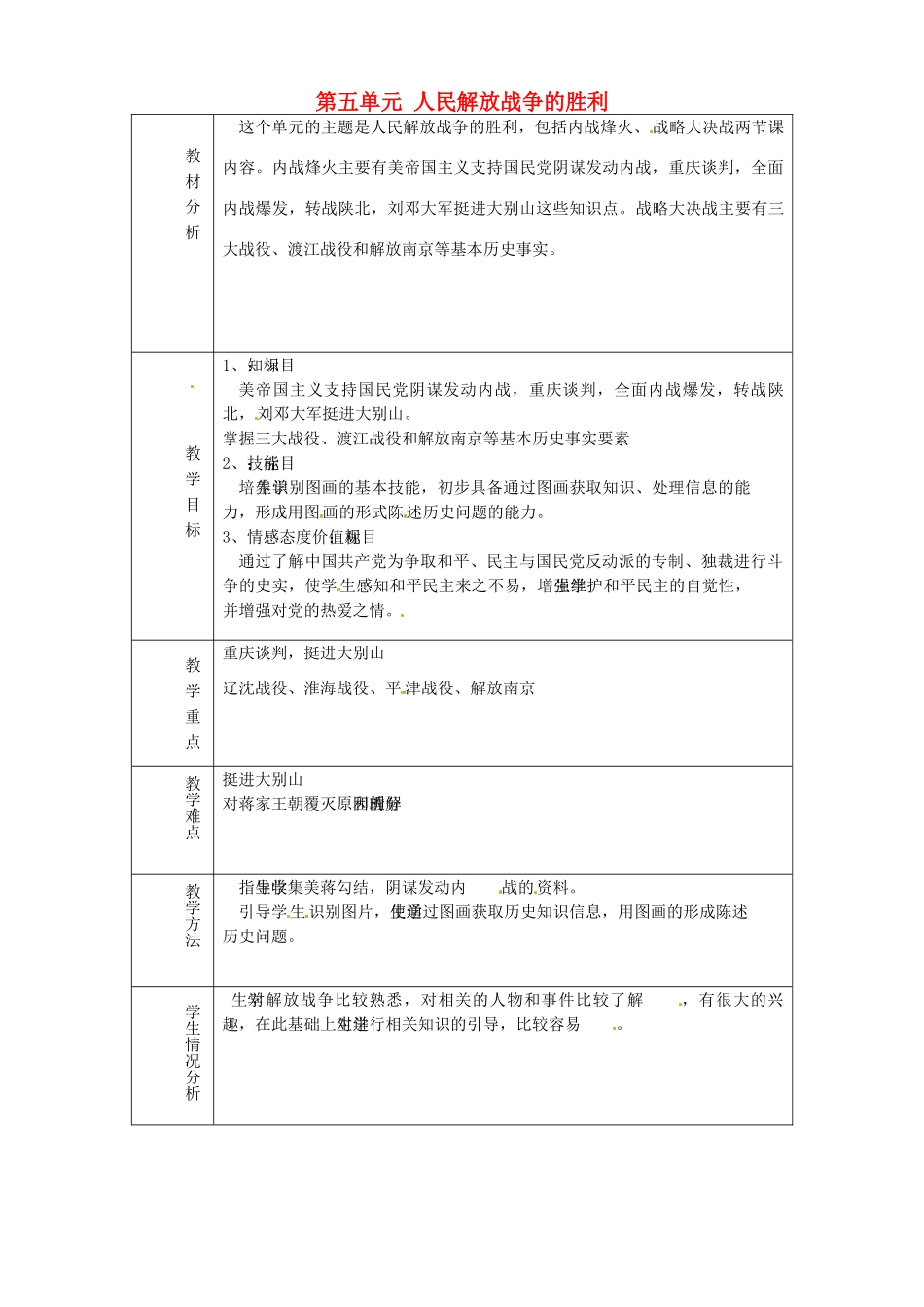 山东省淄博市临淄区第八中学八年级历史上册《第五单元 人民解放战争的胜利》单元备课教案 新人教版_第1页