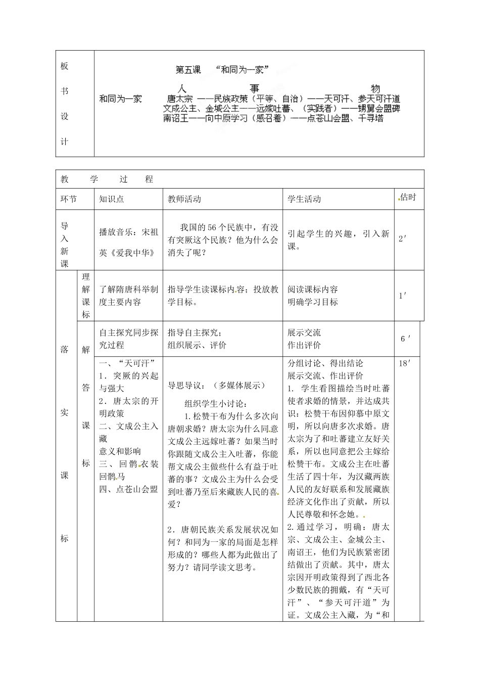 山东省临沭县第三初级中学七年级历史下册《第5课“和同为一家”》教案 新人教版_第2页