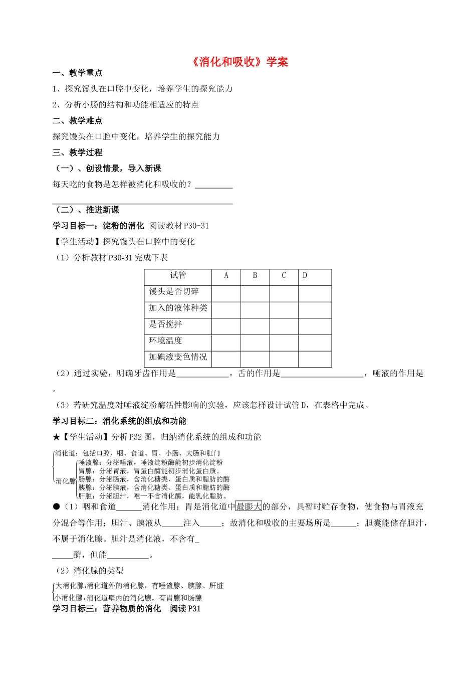 云南省龙陵县第三中学七年级生物 《消化和吸收》学案 人教新课标版_第1页