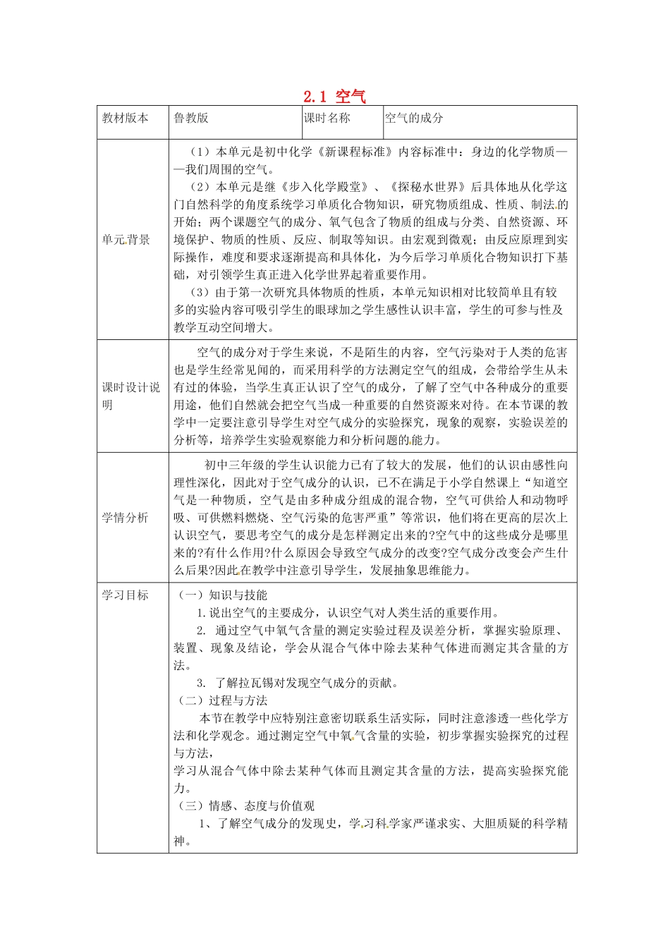 山东省龙口市第十中学九年级化学上册 2.1 空气教案 鲁教版_第1页