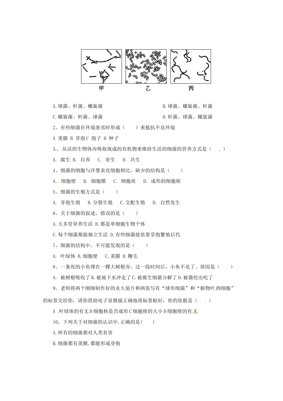 八年级生物上册 5.1.1 细菌导学案 （新版）冀教版-（新版）冀教版初中八年级上册生物学案_第3页