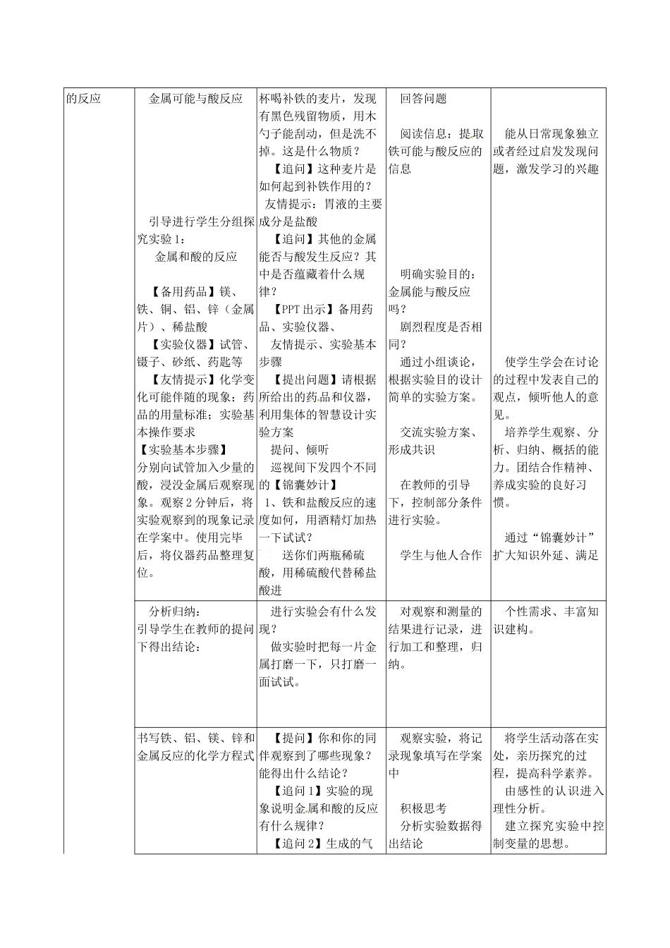 辽宁省东港市黑沟中学九年级化学下册 第八单元 课题2 金属的化学性质教案 （新版）新人教版_第3页