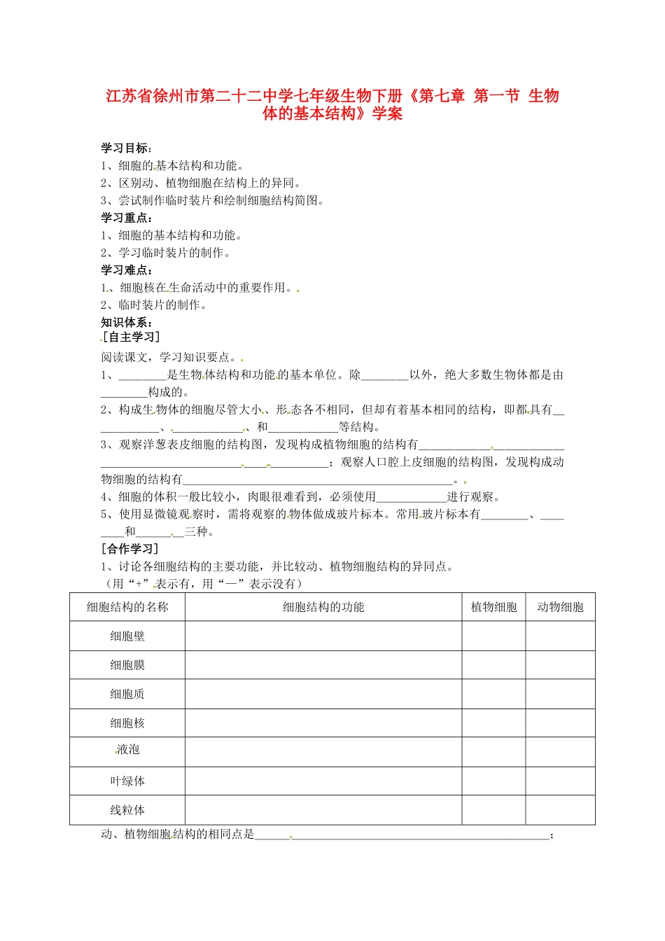 江苏省徐州市第二十二中学七年级生物下册《第七章 第一节 生物体的基本结构》学案_第1页