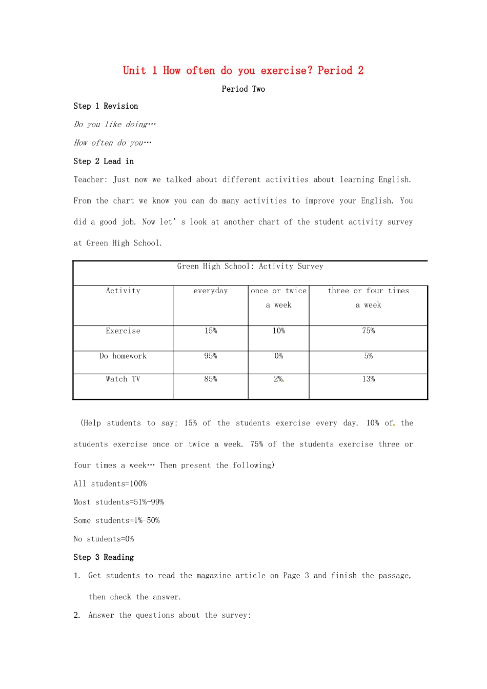 山东省肥城市安站中学八年级英语上册 Unit 1 How often do you exercise？Period 2导学案 人教新目标版_第1页