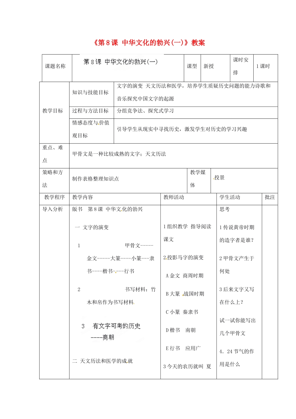 辽宁省开原市第五中学七年级历史上册《第8课 中华文化的勃兴(一)》教案 （新版）新人教版_第1页