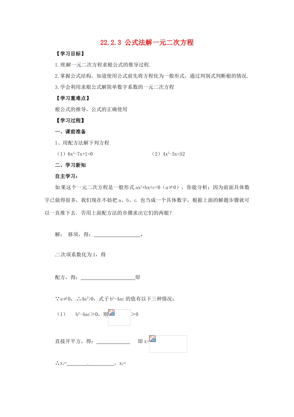 九年级数学上册 第22章 一元二次方程 22.2 一元二次方程的解法 22.2.3 公式法导学案 （新版）华东师大版-（新版）华东师大版初中九年级上册数学学案_第1页