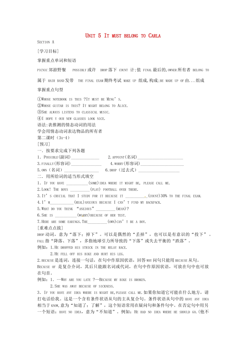 九年级英语全册《Unit 5 It must belong to Carla（第2课时）》学案 人教新目标版-人教新目标版初中九年级全册英语学案_第1页