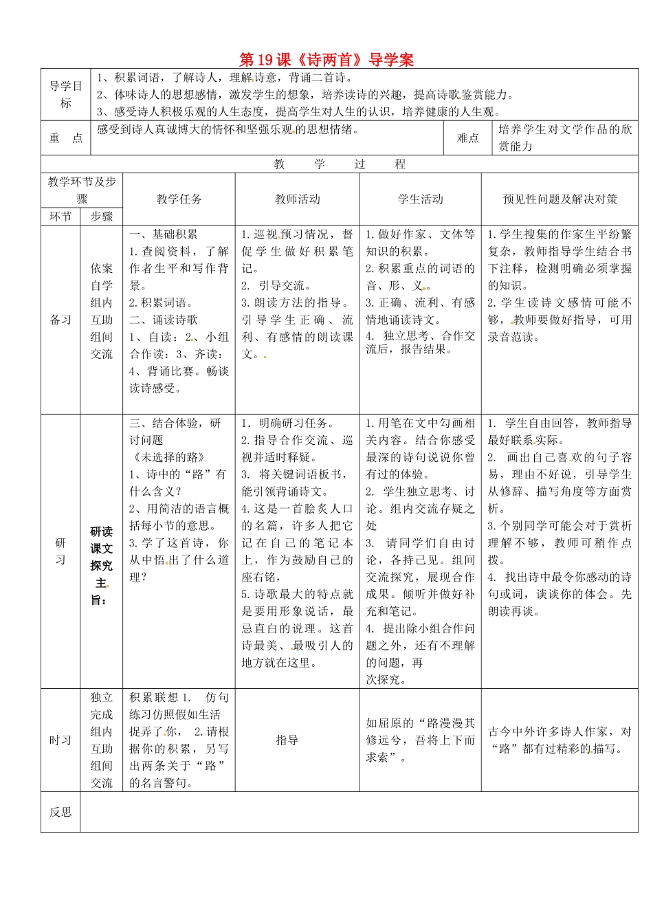（秋季版）吉林省通化市七年级语文下册 第五单元 19《诗两首》导学案2 新人教版-新人教版初中七年级下册语文学案_第1页