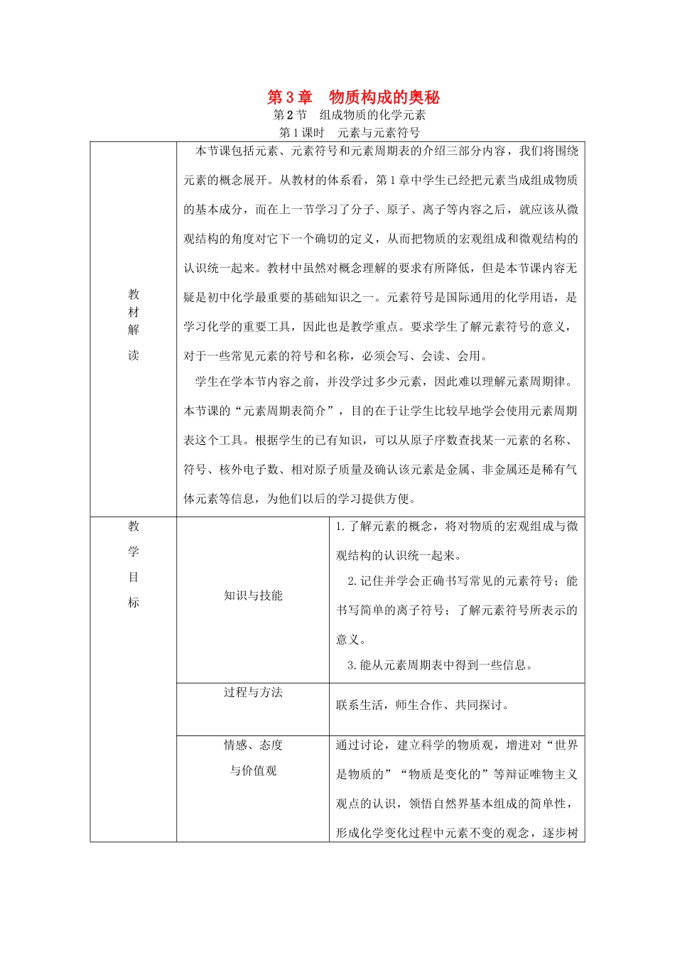 秋九年级化学上册 第3章 物质构成的奥秘 第2节 组成物质的化学元素 第1课时 元素与元素符号教案 沪教版-沪教版初中九年级上册化学教案_第1页