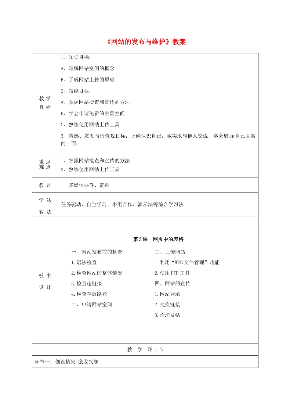 山东省临沭县第三初级中学八年级信息技术《网站的发布与维护》教案 人教新课标版_第1页