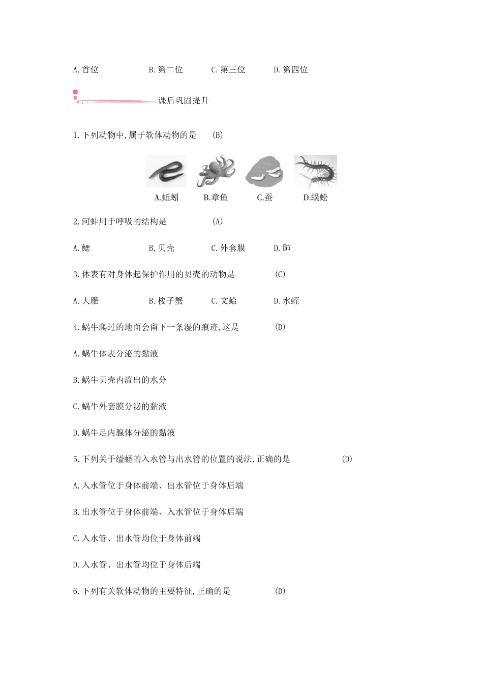 秋八年级生物上册 5.1.3 软体动物和节肢动物（第1课时 软体动物）学案 （新版）新人教版-（新版）新人教版初中八年级上册生物学案_第3页