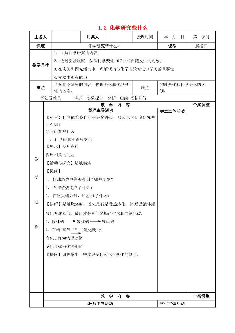 江苏省新沂市第二中学九年级化学上册 1.2 化学研究些什么教案 （新版）沪教版_第1页