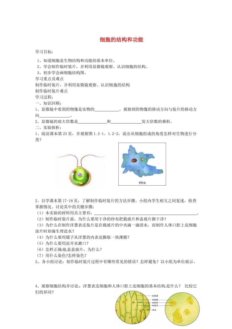 山东省单县希望初级中学七年级生物上册 1.2.1 细胞的结构和功能导学案（无答案） 济南版_第1页