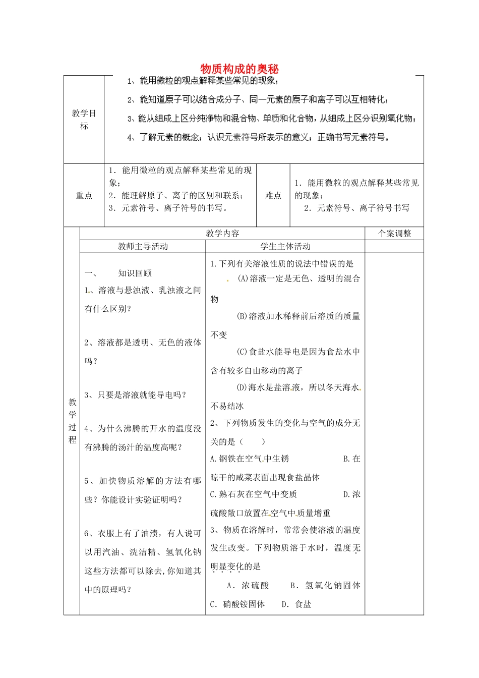 江苏省新沂市第二中学中考化学一轮复习 物质构成的奥秘教案（一） 沪教版_第1页