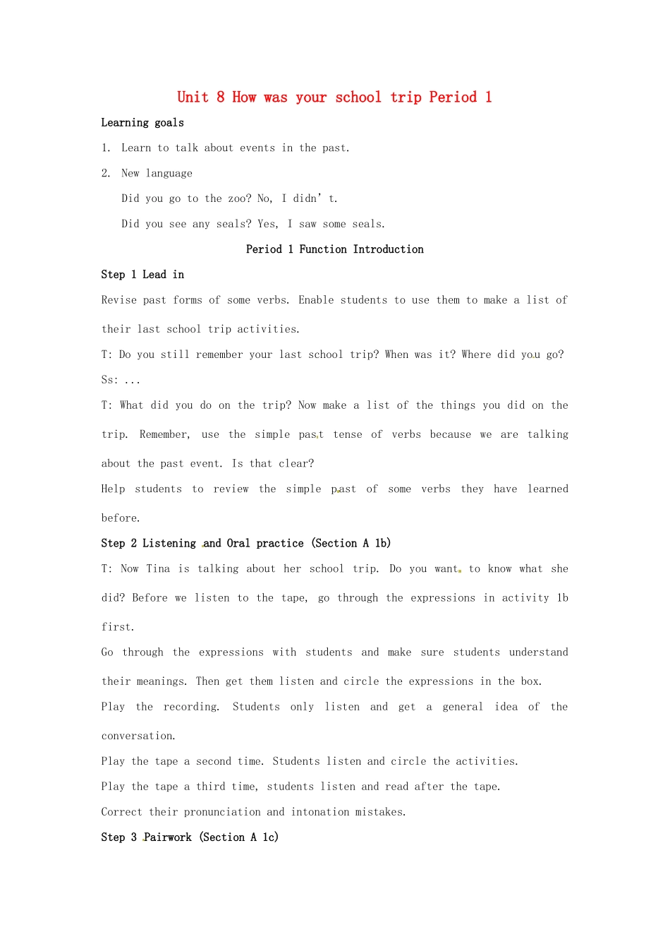 山东省肥城市安站中学八年级英语上册 Unit 8 How was your school trip Period 1导学案 人教新目标版_第1页