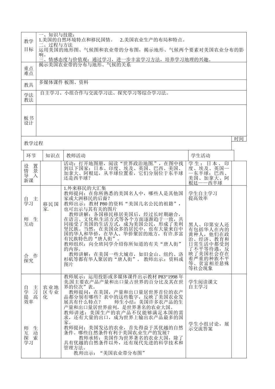 山东省临沭县第三初级中学七年级地理下册《9.1 美国》教案（1） 新人教版_第2页